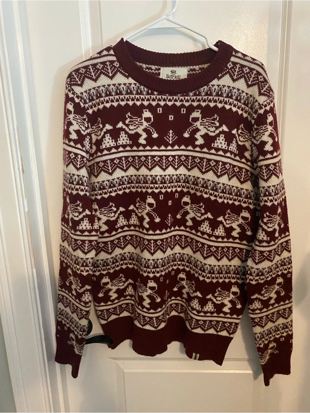 Bellfield Wool Blend Burgundy and Cream Fair Isle Nordic Crewneck Sweater